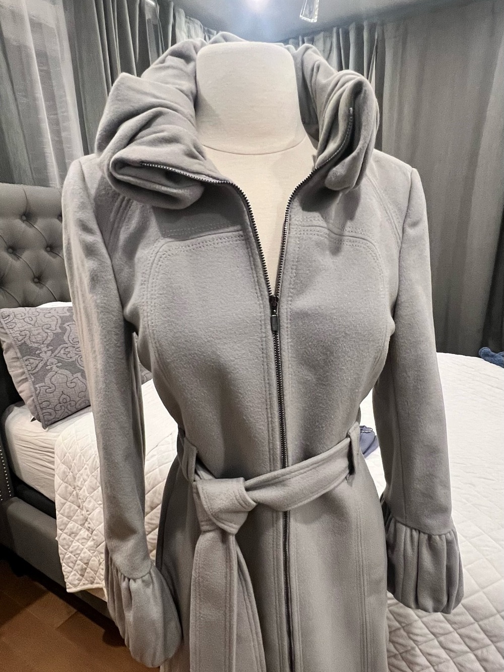 Zara Gray Belted Trench Coat with Ruffle Collar and Cuffs